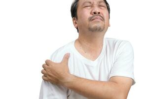Mann mit Schmerzen im Schulter. Schmerzen im das Mensch Körper isoliert auf Weiß foto