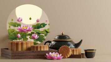 3d Rendern zum Mitte Herbst Festival Urlaub oder Chinesisch Neu Jahr, Chinesisch Feste mit,Laternen, Blume, Mond, Hase ,Mondkuchen,Tee Topf und asiatisch Elemente auf Hintergrund. foto