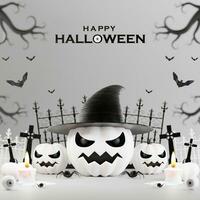 3d Rendern Illustration Design zum Halloween Banner mit Kürbis, Kruzifix, Schädel, Kerze, Süssigkeit, Givebox ,Grab auf Hintergrund. foto