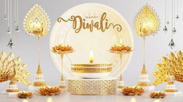 3d Rendern zum Diwali Festival Diwali, Deepavali oder Dipavali das Festival von Beleuchtung Indien mit Gold Diya auf Podium, gemustert und Kristalle auf Farbe Hintergrund. foto