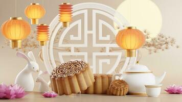 3d Rendern zum Mitte Herbst Festival Urlaub oder Chinesisch Neu Jahr, Chinesisch Feste mit,Laternen, Blume, Mond, Hase ,Mondkuchen,Tee Topf und asiatisch Elemente auf Hintergrund. foto