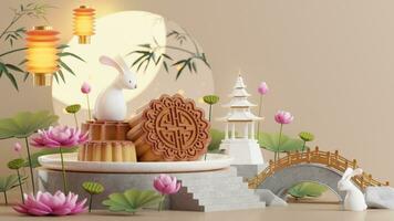 3d Rendern zum Mitte Herbst Festival Urlaub oder Chinesisch Neu Jahr, Chinesisch Feste mit,Laternen, Blume, Mond, Hase ,Mondkuchen,Tee Topf und asiatisch Elemente auf Hintergrund. foto