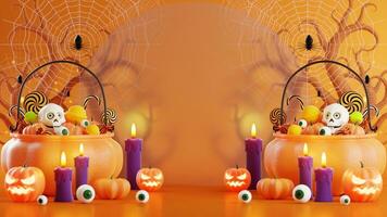 3d Rendern Illustration Design zum Halloween Banner mit Kürbis, Kruzifix, Schädel, Kerze, Süssigkeit, Givebox ,Grab auf Hintergrund. foto