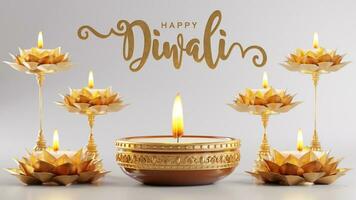 3d Rendern zum Diwali Festival Diwali, Deepavali oder Dipavali das Festival von Beleuchtung Indien mit Gold Diya auf Podium, gemustert und Kristalle auf Farbe Hintergrund. foto