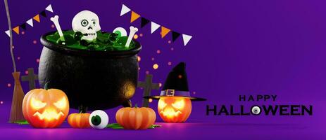 3d Rendern Illustration Design zum Halloween Banner mit Kürbis, Kruzifix, Schädel, Kerze, Süssigkeit, Givebox ,Grab auf Hintergrund. foto