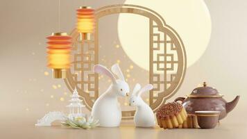 3d Rendern zum Mitte Herbst Festival Urlaub oder Chinesisch Neu Jahr, Chinesisch Feste mit,Laternen, Blume, Mond, Hase ,Mondkuchen,Tee Topf und asiatisch Elemente auf Hintergrund. foto