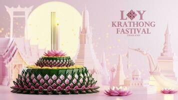 3d Rendern Illustration loy Krathong Festival und yi peng Festival im Thailand Krathong von Banane Blätter, Blumen, Kerzen und Weihrauch Stöcke, Vollmond, Fluss, und Nacht Hintergrund Farbe. foto