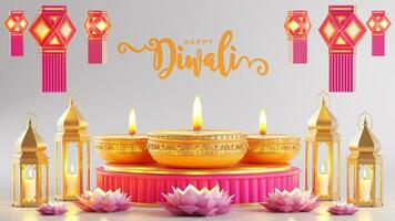 3d Rendern zum Diwali Festival Diwali, Deepavali oder Dipavali das Festival von Beleuchtung Indien mit Gold Diya auf Podium, gemustert und Kristalle auf Farbe Hintergrund. foto