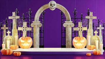 3d Rendern Illustration Design zum Halloween Banner mit Kürbis, Kruzifix, Schädel, Kerze, Süssigkeit, Givebox ,Grab auf Hintergrund. foto