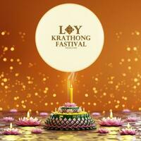 3d Rendern Illustration loy Krathong Festival und yi peng Festival im Thailand Krathong von Banane Blätter, Blumen, Kerzen und Weihrauch Stöcke, Vollmond, Fluss, und Nacht Hintergrund Farbe. foto