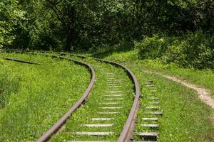 das Berg Eisenbahn Blätter durch das Wald darüber hinaus das Horizont foto