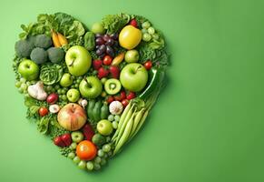 mischen Gemüse und Obst Herz gestalten mit Kopieren Raum Bereich ai generiert foto