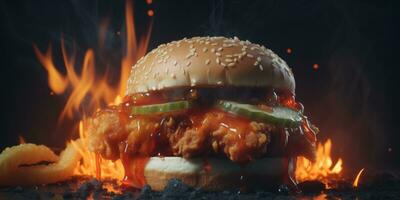 heiß gebraten Hähnchen Burger mit Gurken und Käse auf flammend Feuer Hintergrund. erstellt mit generativ ai Technologie foto