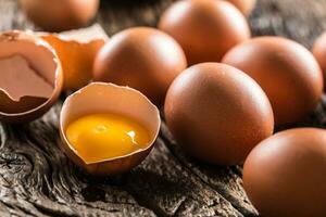 frisch roh Eier auf rustikal hölzern Tabelle foto