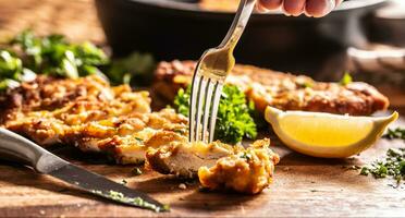 Wiener Hähnchen Steak auf ein Gabel. traditionell österreichisch und Deutsche Gericht von Hähnchen Fleisch und Semmelbrösel foto