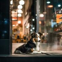 das Hund ist warten zum seine Inhaber in der Nähe von das Geschäft foto