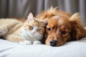 das Hund Lügen auf das Bett im ein Umarmung mit ein rot Katze foto