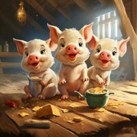 drei wenig Schweine Essen Hafer im das Scheune foto