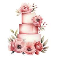 Aquarell Hochzeit Kuchen mit Blumen isoliert. foto