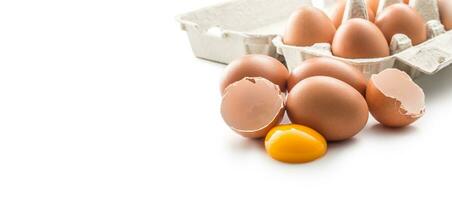Hähnchen Eier und gebrochen Ei mit Eigelb isoliert auf Weiß Hintergrund foto