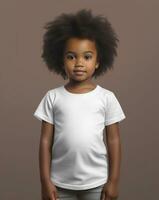 afrikanisch amerikanisch wenig Mädchen mit dunkel Haar steht im Weiß Kleidung, Foto zum Kleider Attrappe, Lehrmodell, Simulation.