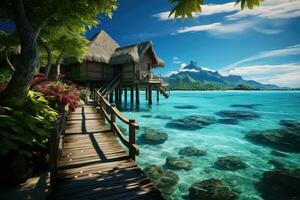 tropisch Insel mit Wasser Bungalows - - ai generativ foto