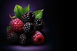 Brombeeren und Himbeeren. Illustration mit Kopieren Raum - - ai generativ foto