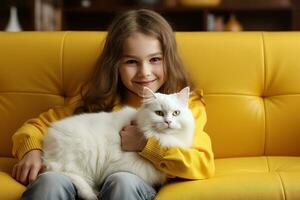 Mädchen Sitzung auf ein Gelb Sofa und streicheln ein Weiß Katze foto