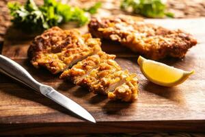 traditionell Wiener Hähnchen Schnitzel auf ein hölzern Tafel. foto