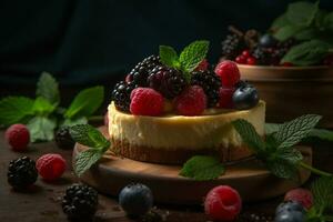 hausgemacht Käsekuchen mit frisch Beeren und Minze auf ein hölzern Tablett. gesund organisch Sommer- Dessert Käsekuchen. ai generativ foto