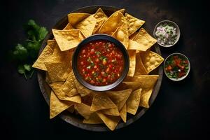 Chips und Salsa, oben Sicht, dunkel hintergrund.ai generativ foto