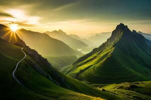 Grün Berg Landschaft generiert ai foto