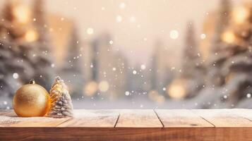 festlich Weihnachten Attrappe, Lehrmodell, Simulation Banner leeren Weiß Tabelle oben mit warm Leben Zimmer Dekor und Schnee Urlaub Hintergrund foto