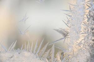 Frostmuster auf dem Glas des Winterfensters bei klirrender Kälte
