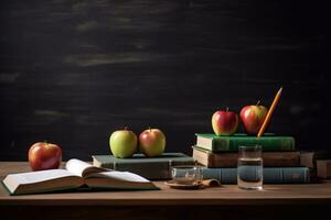glücklich Lehrer Tag Banner Vorlage, Lehrer Tag Hintergrund von Bücher Tabelle Stuhl und Äpfel, mit Kopieren Raum, generativ ai foto