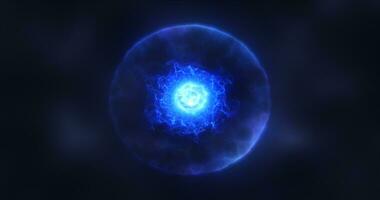 abstrakt Kugel Atom mit Elektronen fliegend glühend hell Partikel und Energie Magie Feld, Wissenschaft futuristisch Hi-Tech Hintergrund foto