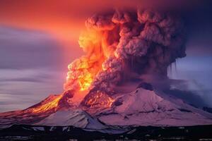 vulkanisch Eruption im Kamtschatka, Russland beim Sonnenuntergang. ein klein vulkanisch Eruption im mt fagradalsfjall, Südwesten Island, ai generiert foto