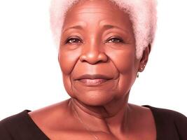 Nahansicht Porträt von ein Senior alt schwarz afrikanisch amerikanisch Frau mit grau Haar Studio Foto