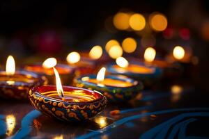 Diwali Lehm Diya Lampen sind zündete während Diwali oder Deepavali Feierlichkeiten foto