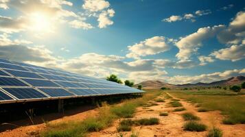 Solar- Energie Paneele im das Wüste mit Blau Himmel und Weiß Wolken foto