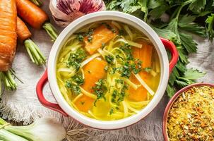 Hähnchen Suppe Brühe im ein Jahrgang Schüssel mit hausgemacht Nudeln Karotte Zwiebel Sellerie Kräuter Knoblauch und frisch Gemüse. foto