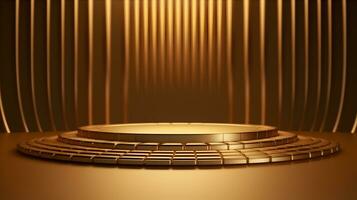 ai generiert. Produkt Anzeige Präsentation auf Luxus Gold leeren Podium Stand. foto