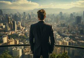 Geschäftsmann Stehen auf das Dach von ein Wolkenkratzer und suchen Über das Stadt foto