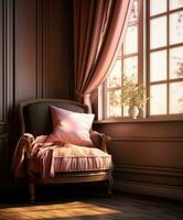 ein alt Stuhl mit Kissen in der Nähe von ein Fenster, Jahrgang Stil ,Luxus, klassisch, Königreich, Morgen Aussicht foto