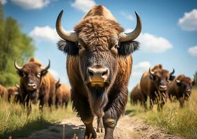 ai generiert. Bison Migration Reise zu Neu landet. foto