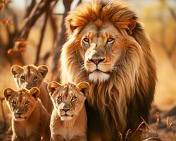 ai generiert. ein Stolz von Löwen im das Savanne. foto