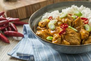 Hähnchen Curry Reis Chili und jung Zwiebel im Schüssel foto