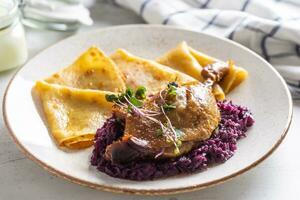 Portion von Ente Bein mit rot Kohl und Kartoffel Pfannkuchen, ein traditionell Herbst Gericht im östlichen Europa foto