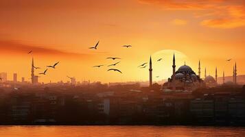 Aussicht von suleymaniye Moschee beim Sonnenuntergang im Istanbul Truthahn von salacak. Silhouette Konzept foto