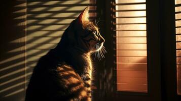 Sonnenlicht von das Fenster Highlights das Gliederung von ein gestreift Katze. Silhouette Konzept foto